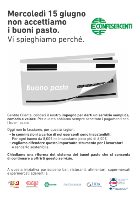 Fiepet Confesercenti Torino, buoni pasto: mercoledì 15 giugno la protesta degli esercenti “Per un giorno non li accetteremo, i nostri margini sono ridotti a lumicino”