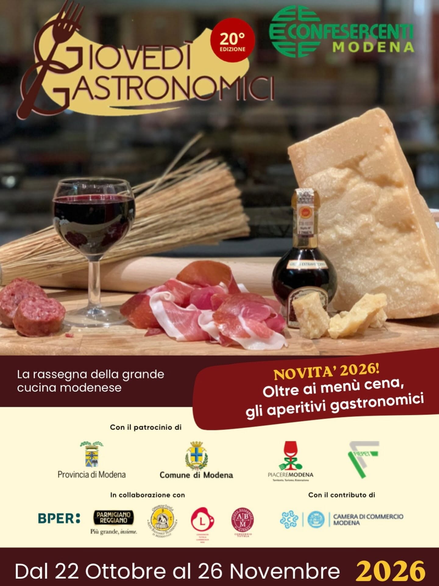 “Giovedì Gastronomici” la rassegna di Confesercenti Modena festeggia 20 anni